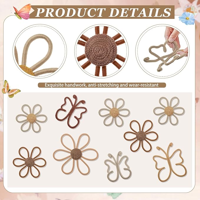Wesiti 9 Pcs Boho Nursery Decor 3 Size Daisy Flower and Butterflies Woven Macrame Wall Hanging for Home Nursery Bedroom Dorm Wall Art(Retro Color)