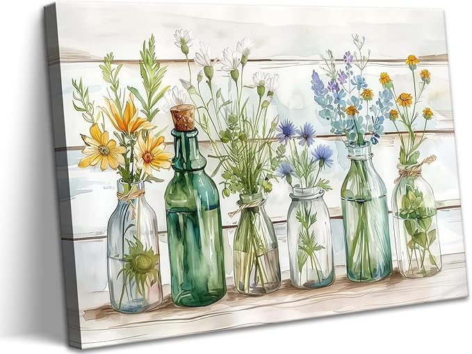 Rustic Green Bathroom Wall Art Retro Green Flower Watercolor Bottles Canvas Painting Rustic Bathroom Picture Prints Farmhouse Country Floral Wall Decor for Bedroom Living Room Ready to Hang 12x16"