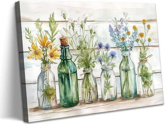 Rustic Farmhouse Flower Wall Art Retro Green Flower Watercolor Bottles Painting Rustic Bathroom Canvas Wall Decor Farmhouse Country Floral Retro Wood Boards Canvas Prints Painting Read to Hang 16x24"