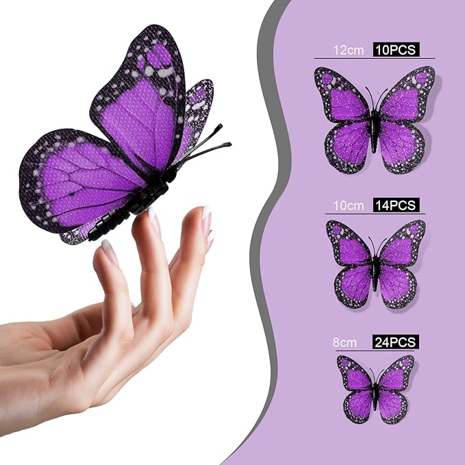 Chuangdi 48 Pcs Purple Monarch Butterfly Decorations 3 Size Fake Butterflies Realistic Butterfly Craft Artificial Mariposas Wall Decor for Craft Wedding Home Birthday Party (3.2inch,4inch,4.7inch)