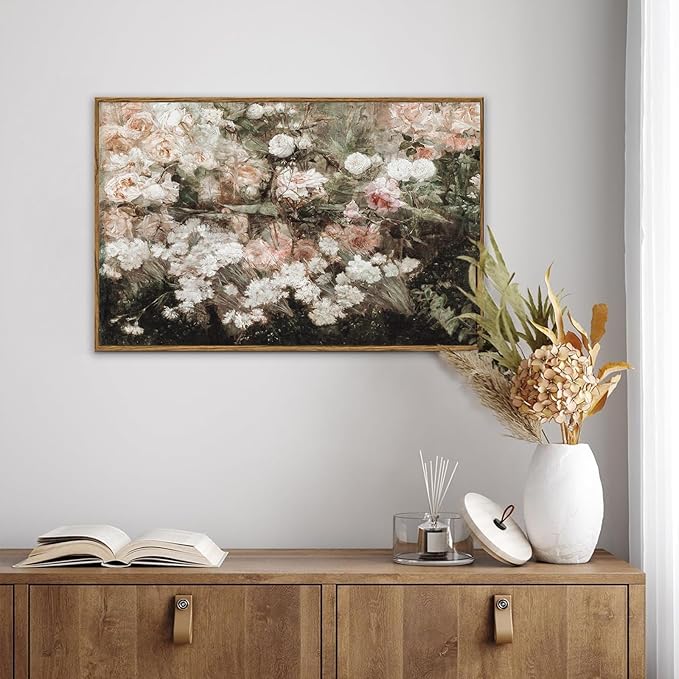 KBKBART Framed Canvas Wall Art for Living Room Bedroom Decor,Vintage Moody Floral Art Print Flower Rose Garden Canvas Painting, Rustic Bathroom Decor, Classical Vintage Wall Art(16"x24")