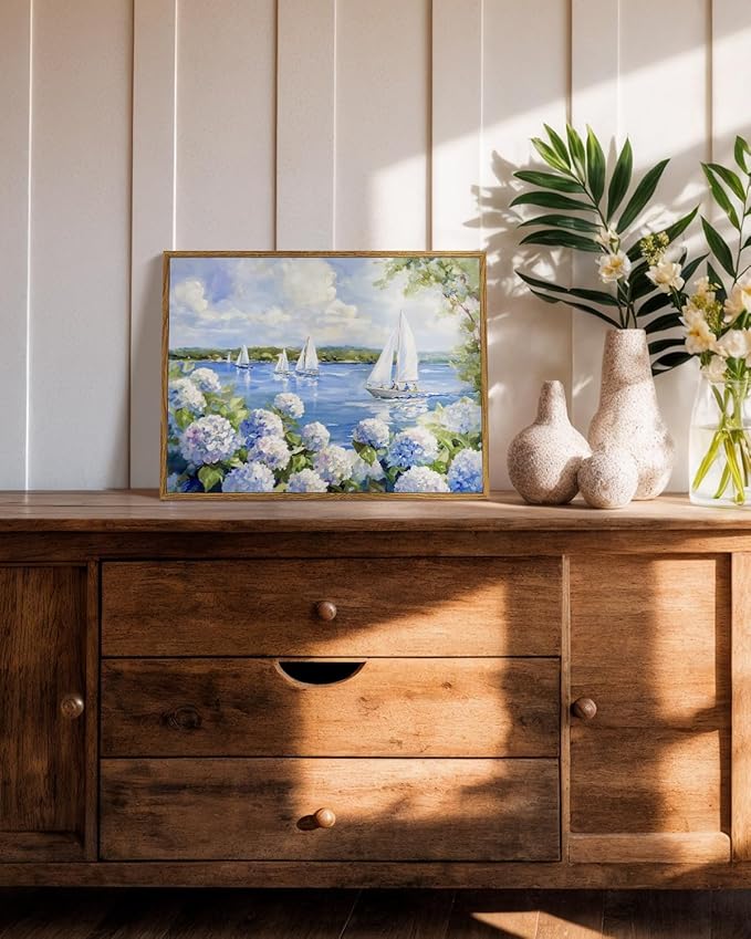 Vintage Blue Hydrangea Sailboat Framed Canvas Wall Art, 12x16 Summer Lake House Coastal Decor, Nautical Floral Landscape Painting Artwork for Living Room Bedroom Office Cottage Beach House