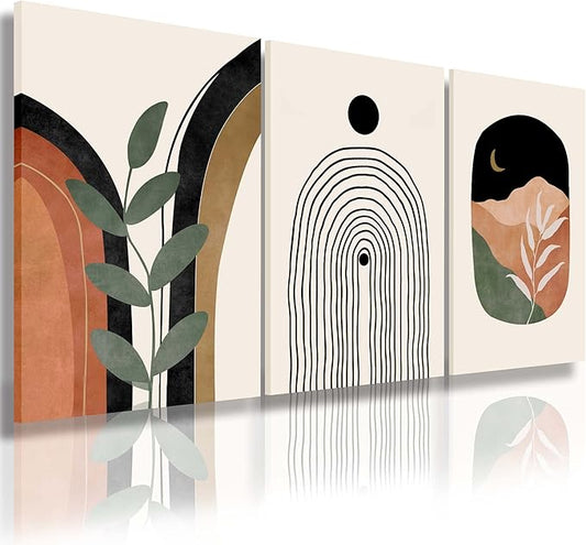 Boho Wall Art Prints Set of 3, Boho Wall Decor, Mid Century Modern Prints Sun Moon Leaf Mountain Canvas Wall Painting, Neutral Abstract Geometric Prints Canvas Artwork Prints for Bedroom Bathroom Living Room Office