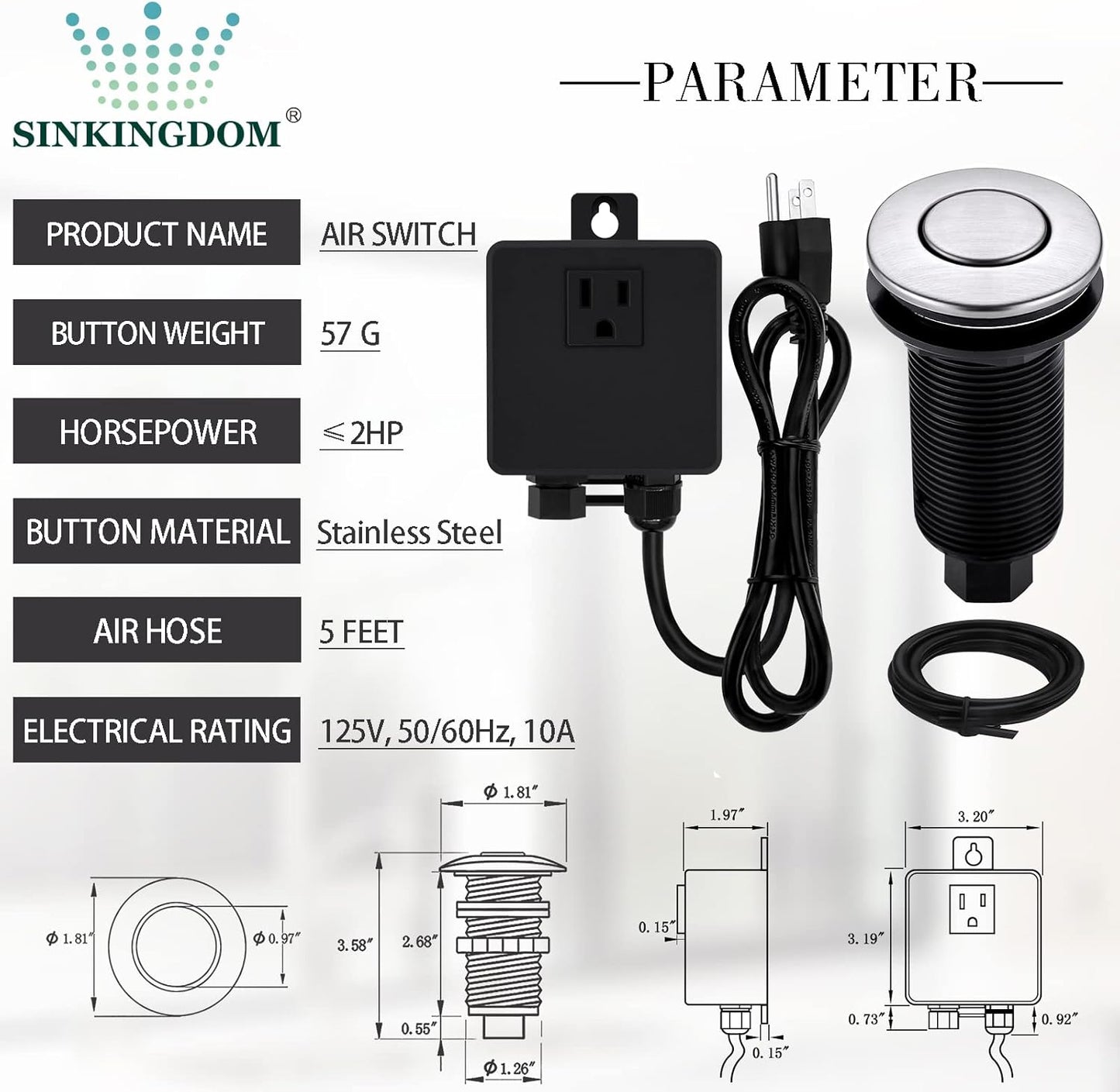 Garbage Disposal SinkTop Air Switch Kit with Long Button,Brass Made Cover,Brushed Nickel