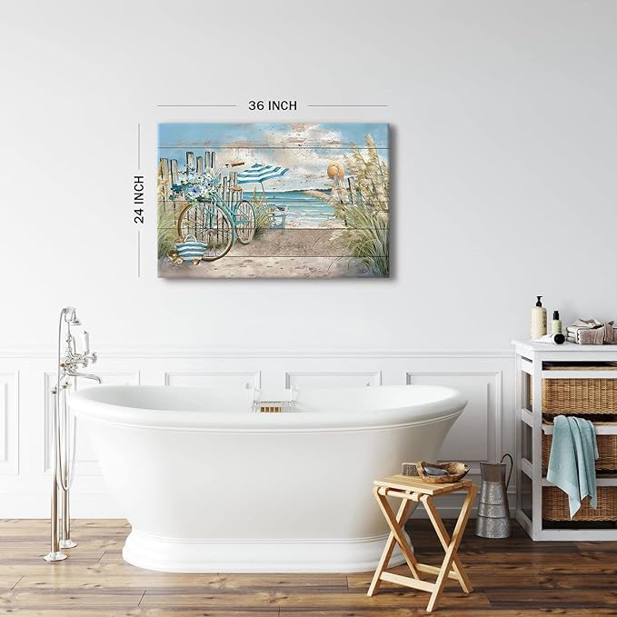 Beach Wall Art Seaside Bicycle Canvas Prints Pictures for Bathroom Decor Ocean Coastal Landscape Wall Decor Nautical Blue Seascape Painting Artwork for Kitchen Living Room Home Decoration 24x36"