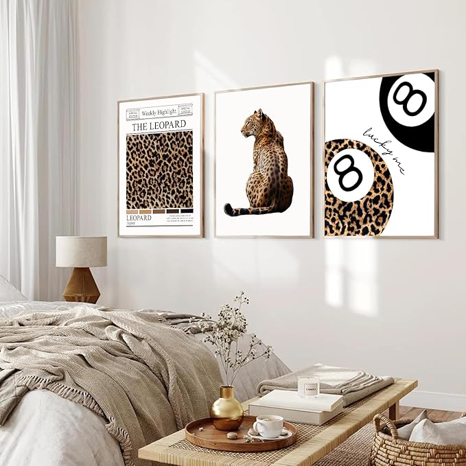 Trendy Leopard Wall Art Set of 3 Funky Lucky 8 Ball Posters Prints Preppy Room Aesthetic Cheetah Wall Decor Pictures for Girls Bedroom Apartment Dorm Unframed 16x24in