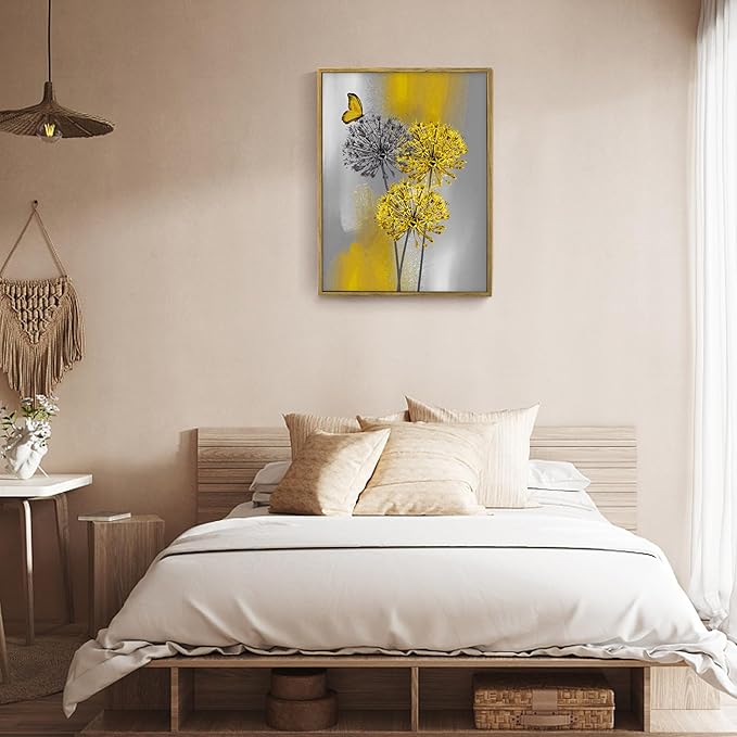 LB Yellow Dandelion Framed Wall Art with Butterfly - Modern Yellow Grey Canvas Wall Art for Home Contemporary Aesthetic Wall Decor for Home, Ready to Hang 17x12 Inch, Living Room Bedroom Bathroom Decor