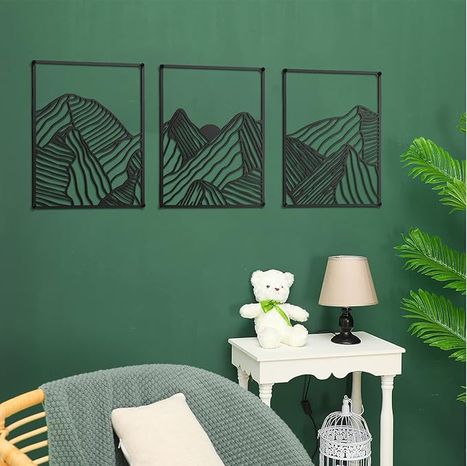 Peryiter 3 Pcs Metal Wall Art Decor Landscape Mountain Wall Hanging Decor for Living Room Abstract Minimalist Modern Mountain Line Pictures Bathroom Office Home Gifts Indoor(Black)