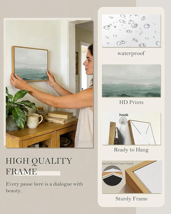 SHENIFY Vintage Landscape Framed Wall Art Foggy Mountain Farmhouse Decor Retro Wilderness Illustrations Decorative for Kitchen Living Room Bedroom Bathroom - 11x14in Natural Framed