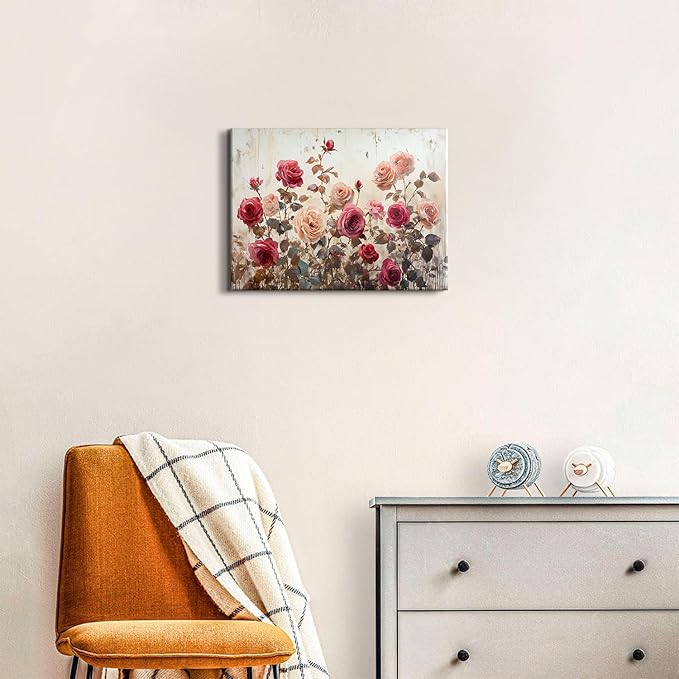 Vintage Flower Wall Art Pink Roses Wall Decor for Bathroom Retro Botanical Canvas Prints Rustic Farmhouse Floral Pictures Wall Decor Spring Wildflower Artwork Living Room Bedroom Home Decoration 12x16"