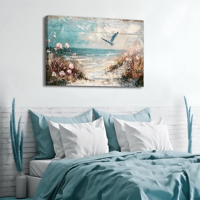 Large Ocean Beach Wall Art Seagull Wall Decor Coastal Picture Canvas Prints Nautical Painting Watercolor Seabird Beach Poster Vintage Seascape Artwork for Kitchen Living Room Home Decoration 32x48"