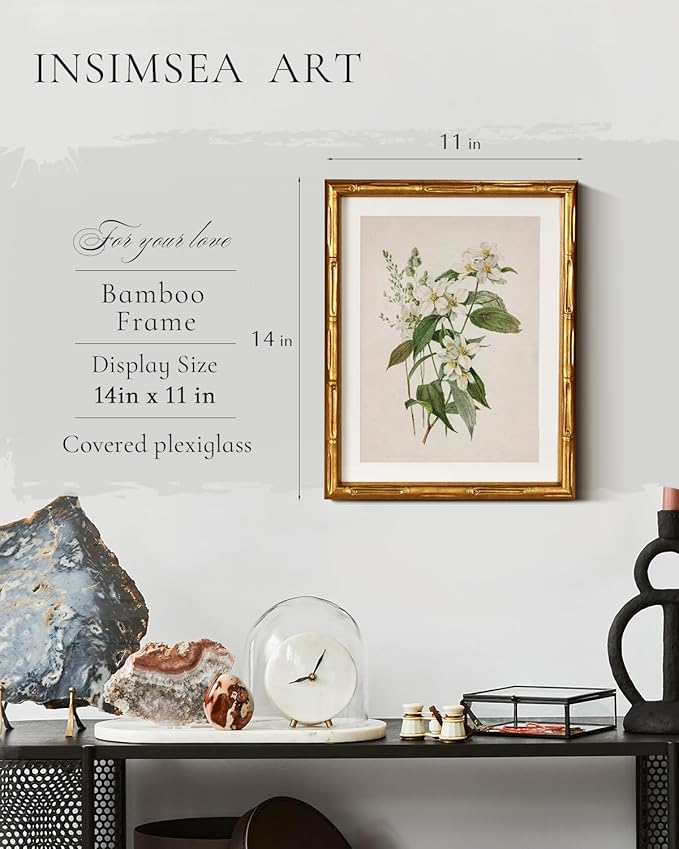 InSimSea Gold Bamboo Framed Canvas Wall Art, Neutral Floral Botanical Paintings, Antique Vintage Picture Frame with Mat, Victorian Home Wall Decor for Living Room Bedroom, 11x14inch