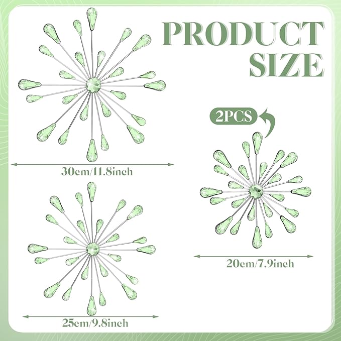 Hicarer 4 Pcs Starburst Wall Decor Bling Wall Art Crystal Teardrop 3D Hanging Rhinestone Radial Metal Artwork Modern Accent Sculptures Decorations for Living Room Home Office Bedroom(Green)
