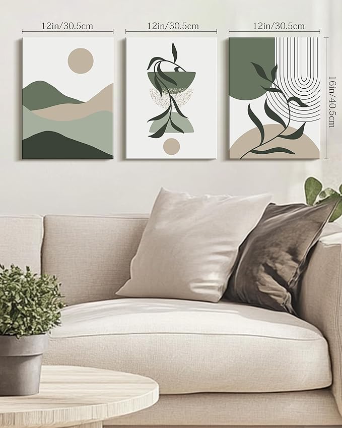 Drsoum Green Botanical Boho Wall Art Framed Modern Sage Bohemian Plant Wall Decor Abstract Geometry Lines Artwork Hallway Bedroom Prints Ready to Hang 12x16in Framed