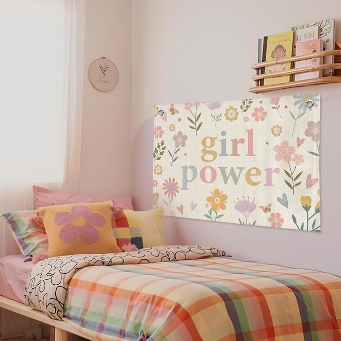 Girl Power Flower Wall Hanging Banner - Linen Flag Decor for Little Girl's Room, Baby Girl, Toddler Room Wall Decor