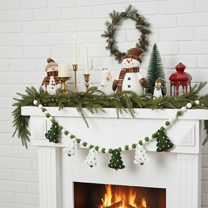 Christmas Felt Garland 3D Coquette Xmas Tree Pom Ball Banner Holiday Decorative Hanging Bunting Garland for Home Mantel Fireplace Window Wall Decor(Green White,Classic Tree)