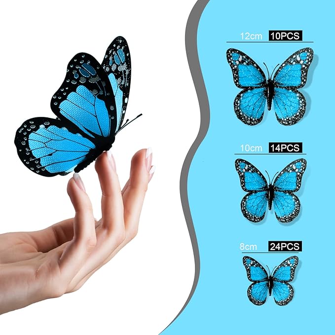 Chuangdi 48 Pcs Blue Monarch Butterfly Decorations 3 Size Fake Butterflies Realistic Butterfly Craft Artificial Mariposas Wall Decor for Craft Wedding Home Birthday Party (3.2inch,4inch,4.7inch)