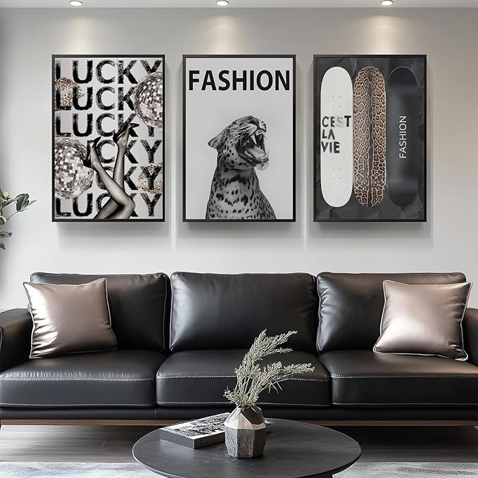 Trendy Leopard Wall Art Fashion Cheetah Lucky Skateboard Wall Decor Pictures Funky Vintage Preppy Luxury Aesthetic Posters Prints for Girly Bedroom Apartment Dorm Decoration Unframed 16x24in