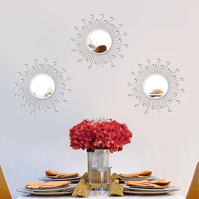 3 Pack Metal Mirrors for Wall Sunburst Wall Mirrors Home Décor Decorative Hanging Wall Art for Living Room Bedroom Entryway (Silver Crystal, Sunburst)
