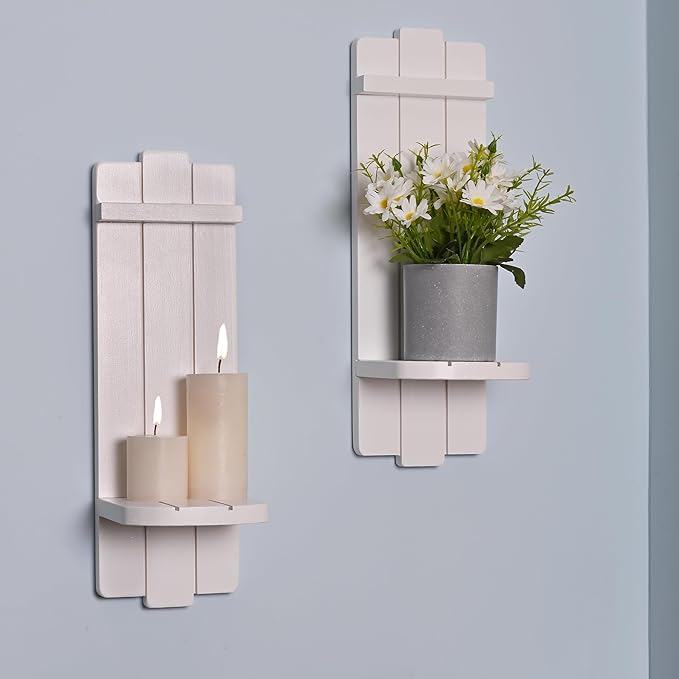 Sconces Set of 2, Large Candle Holder Rustic Farmhouse Decor, Home Art Floating Sconce Shelf White Wall Decoration for Living Room, Dining Room, Bedroom, Bathroom