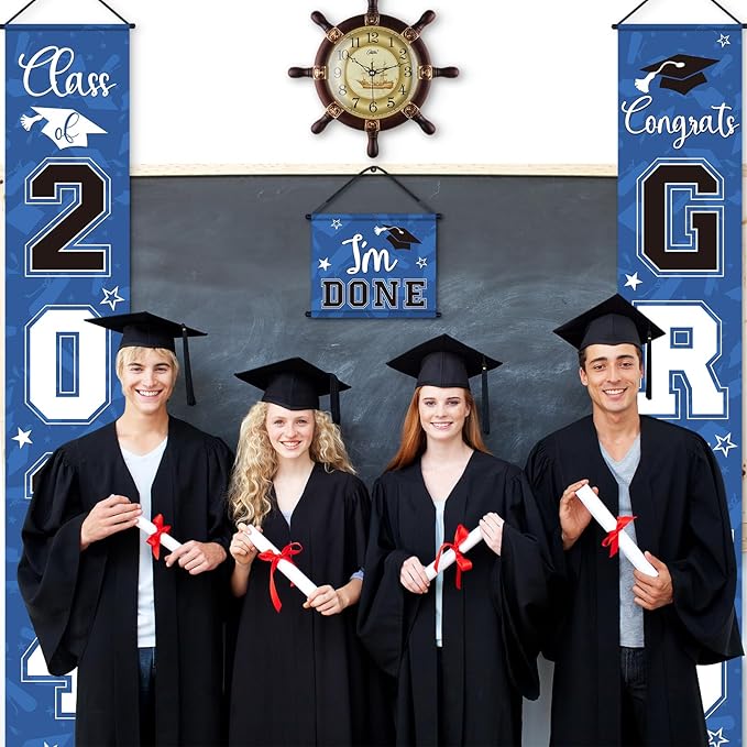 Moukeren 3 Pieces 2025 Graduation Party Decorations Graduation Porch Sign Class of 2025 Grad Hanging Porch Banner Backdrop Door Sign for Grad Party Home Door Wall Decor(Blue Black)