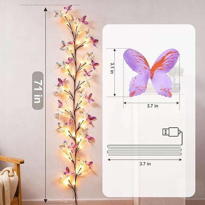 Willow Vine Light with Butterfly 48LED 5.9FT Enchanted Wall Decoration Vine Lights 8 Light Modes for Indoor Home Wall Decoration(Warm White)