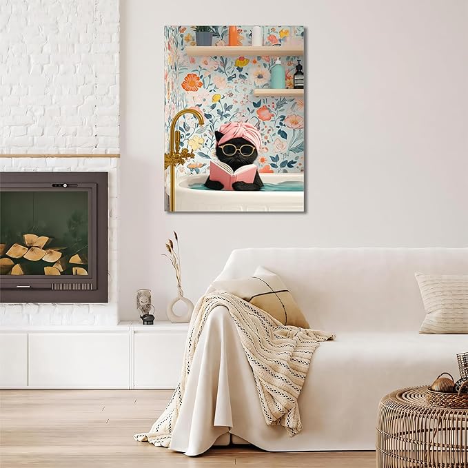 Funny Black Cat Bathroom Wall Art, Bathroom Animal Pictures Canvas Prints, Framed Cute Cat Posters Wall Decor for Living Room Bedroom Toilet Kids Room Wall Paintings 16x24 inch