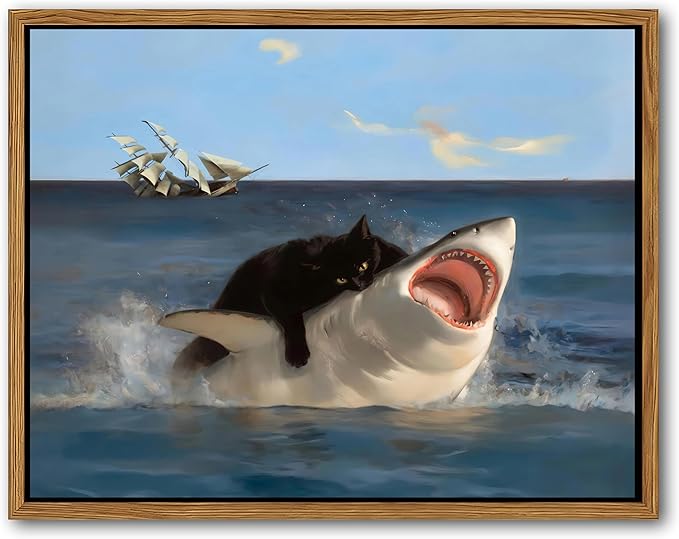 Floating Framed Black Cat Wall Art, Funny Quirky Cat and Shark Pictures Canvas Print, Abstract Black Cat Shark Posters Wall Decor for Room Bedroom Living Room Bathroom Aesthetic 12x16 inch