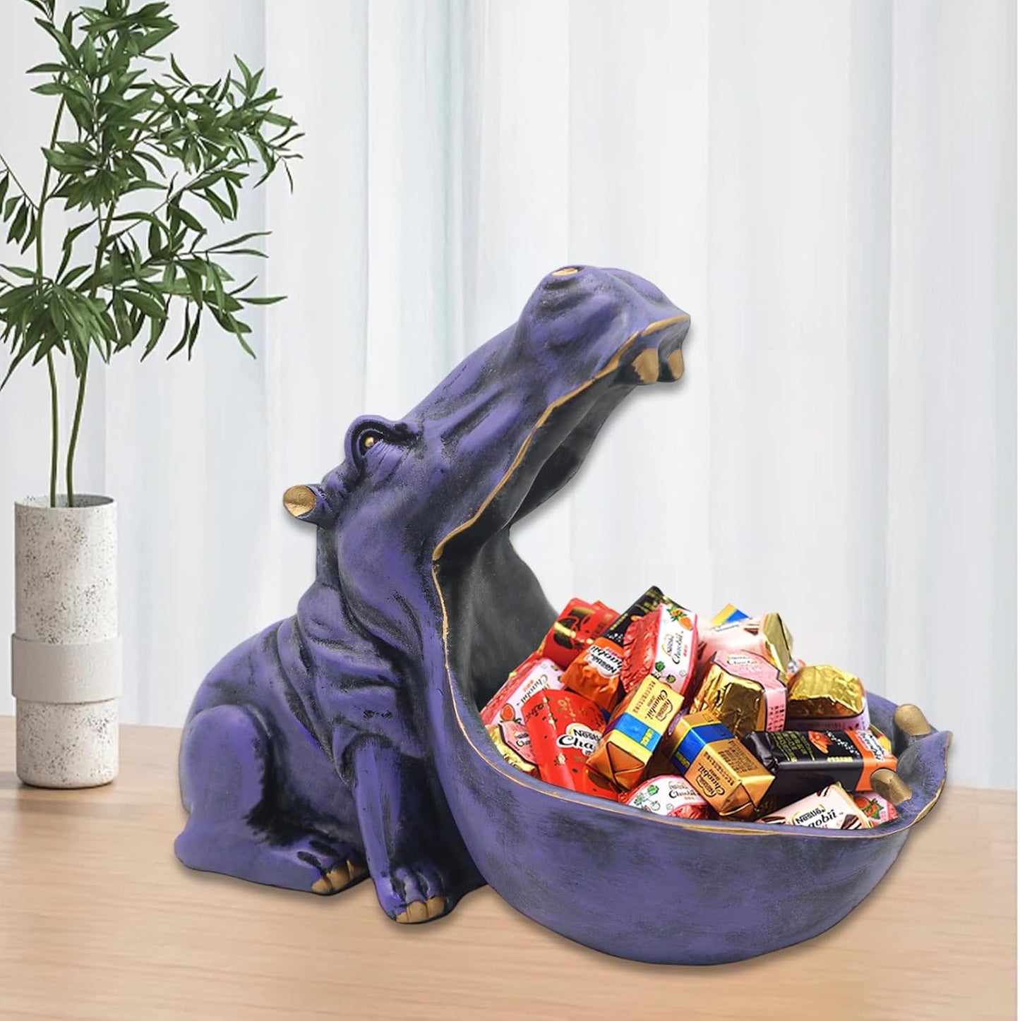 aboxoo Hippo Statue Home Resin Hippopotamus Figurine Fun Candy Dish,Key Bowl,Big Mouth Sculpture Table Art Decoration Sundries Container Storage Box (Purple)
