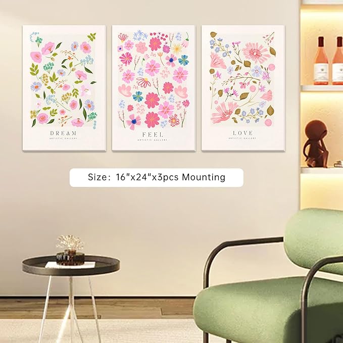 Djmwtb Floral Wall Art Flower Market Prints Flower Pictures Wall Decor Set of 3 Aesthetic Canvas Paintings Pastel Posters Colorful Artwork for Bedroom Bathroom 16x24in Framed