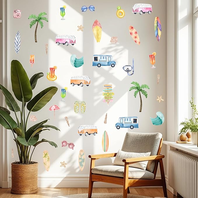 Watercolor Summer Surfing Wall Decal, Palm Tree Juice Surfboard Car Vinyl Wall Stickers, Removable Surfer Beach Artwork for Kids Bedroom Playroom Decor