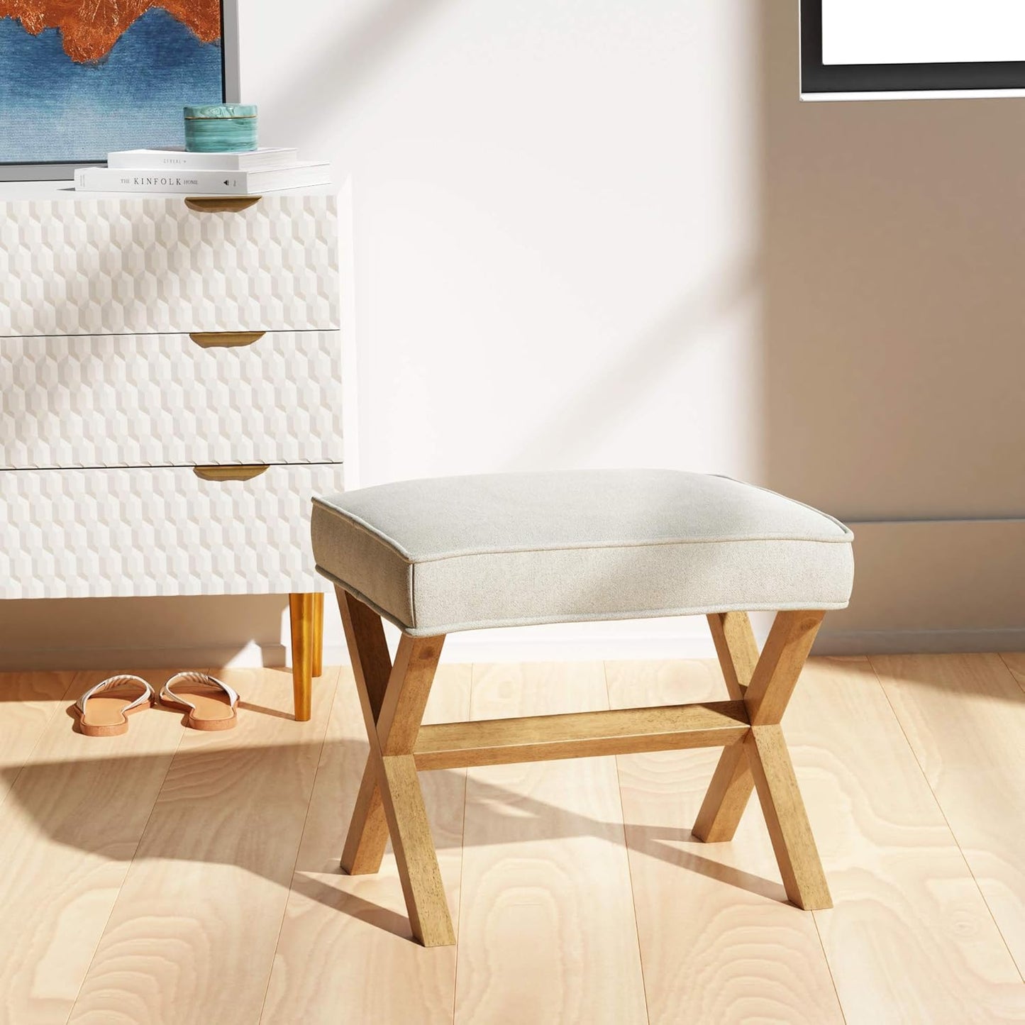 Amazon Basics Small Ottoman Foot Rest, Mid-Century Modern X Square Polyester Foot Stool, Linen, Ivory White, 18"D x 19.8"W x 18.3"H (Previously Rivet Brand)