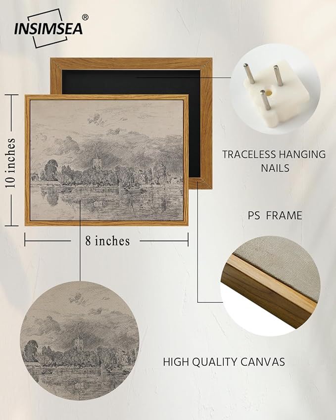 InSimSea Framed Canvas Print Art, Vintage Sketch Church lakeside Landscape Painting, Rustic Farmhouse Cottage Decor for Hallway Wall Floating Shelf Desk Vanity Fireplace,10x8 in, Neutral Tones