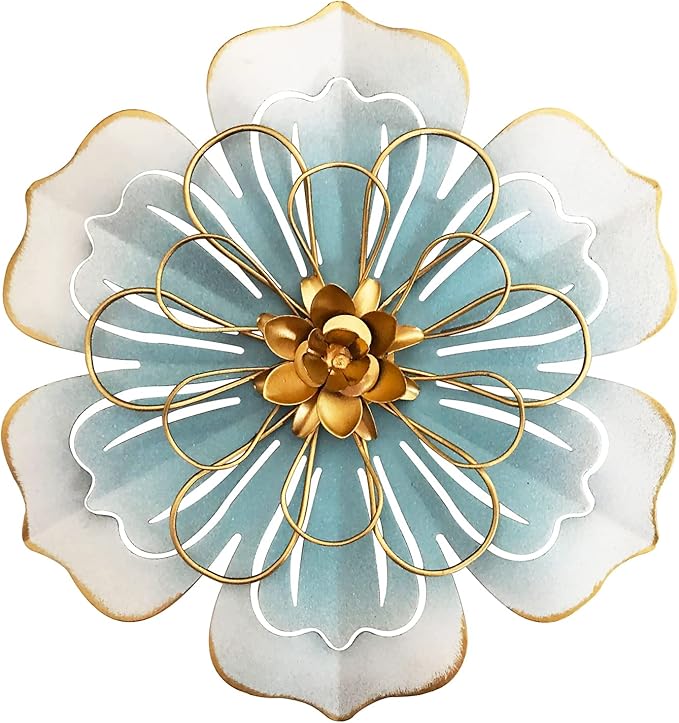 Metal Flower Wall Art Decor, 8.3''Rustic Modern Floral Sculpture, Distressed Iron Wall Hanging Home Decoration Accent Artworks for Indoor Kitchen Bedroom Living Office Outdoor Garden Patio-06 Blue Gold