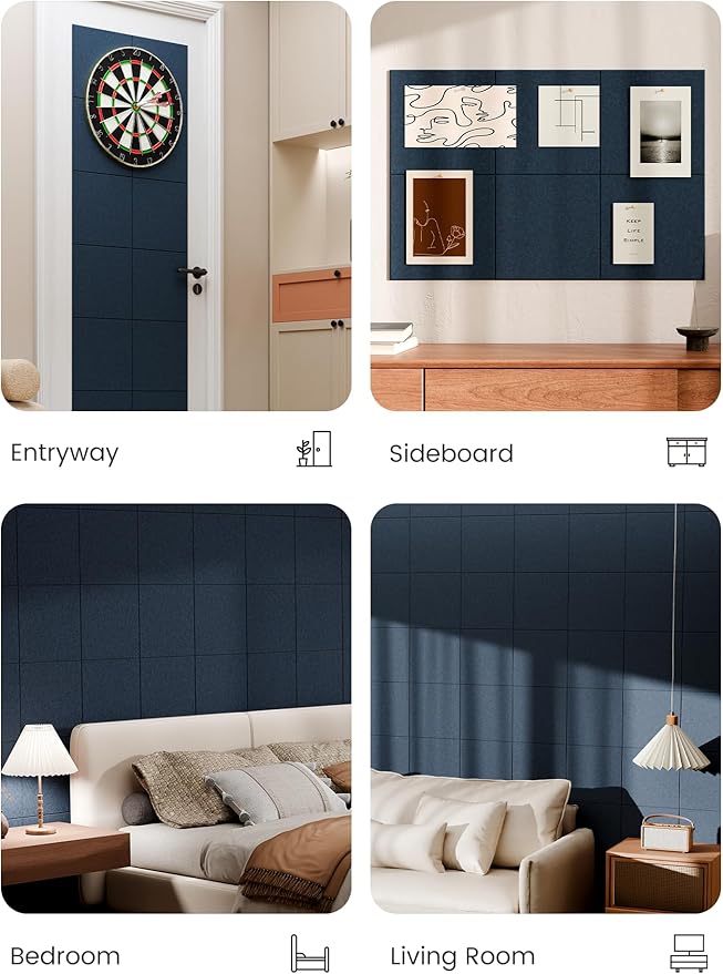 Bumusty Large Cork Board 36" x 24" Alternative - 6 Pack Felt Wall Tiles with 40 Safe Removable Adhesive Tabs, 30 Pushpins, Cork Boards for Walls Pin Board Bulletin Board Office Decor (Navy Blue)