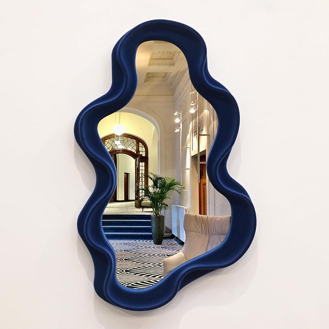 Irregular Wall Mirror Living Room Decor, Decorative Wavy Funky Mirrors with Flocking Touch, Modern Asymmetrical Mirror for Hallway Entryway Staircase Bathroom Bedroom (Dark Blue)