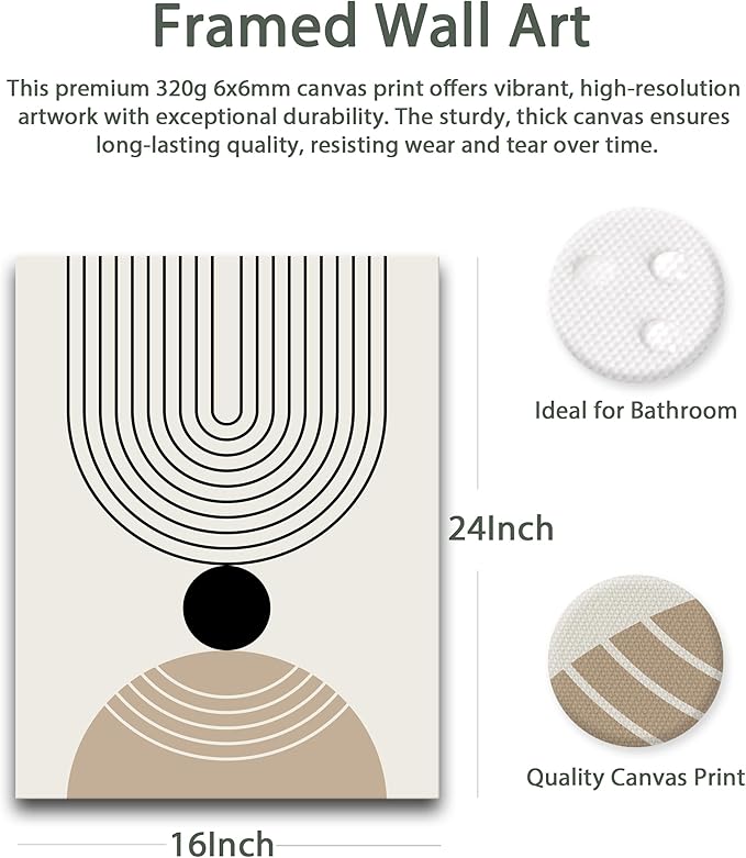 HesenDot Abstract Geometric Wall Art Set of 3, 40x60CM Minimalist Line Framed Canvas Prints, Boho Modern Beige Black Shapes Wall Decor for Living Room Bedroom Bathroom Office Home