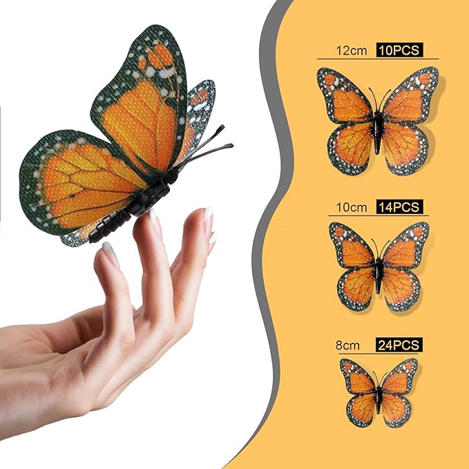 Chuangdi 48 Orange Monarch Butterfly Decorations 3 Size Fake Butterflies Realistic Butterfly Craft Artificial Mariposas Wall Decor for Craft Wedding Home Birthday Party (3.2inch,4inch,4.7inch)