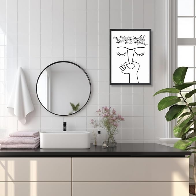 IAFWZX Wood Framed Funny Bathroom Wall Art, Black and White Humor Toilet Wall Decor, Minimalist Face Line with Flower Crown Canvas Painting, Modern Abstract Poster Print for Restroom Bedroom 16"x24"
