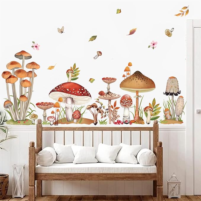 decalmile Woodland Mushroom Wall Decals Spring Forest Grass Easter Wall Stickers Girls Bedroom Living Room Kitchen Wall Door Decor