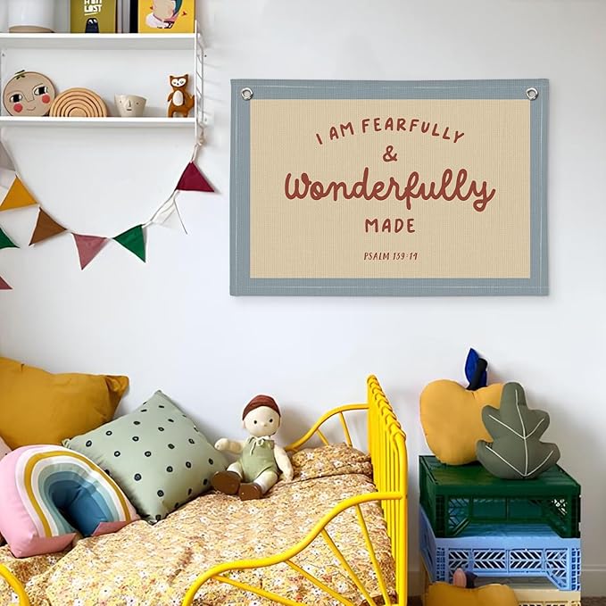 Kids Room Decor - Bible Verse Wall Hanging, 'I am Fearfully and Wonderfully Made' Linen Banner, Canvas Decoration for Classroom, Nursery - Blue