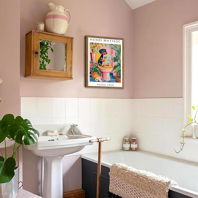 Funny Dog Bathroom Wall Art Henri Matisse Dachshund Bathroom Wall Decor Picture Whimsical Puppy Reading Newspaper in Toilet Poster Painting Canvas Print 12x16 inch Wood Framed