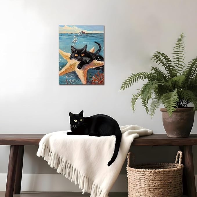Framed Black Cat Ocean Wall Art, Cute Cat Holding Starfish Canvas Print, Funny Animal Lovers Sea Life Painting Picture for Bathroom Bedroom Kids Room Home Decor 12x16 Inch