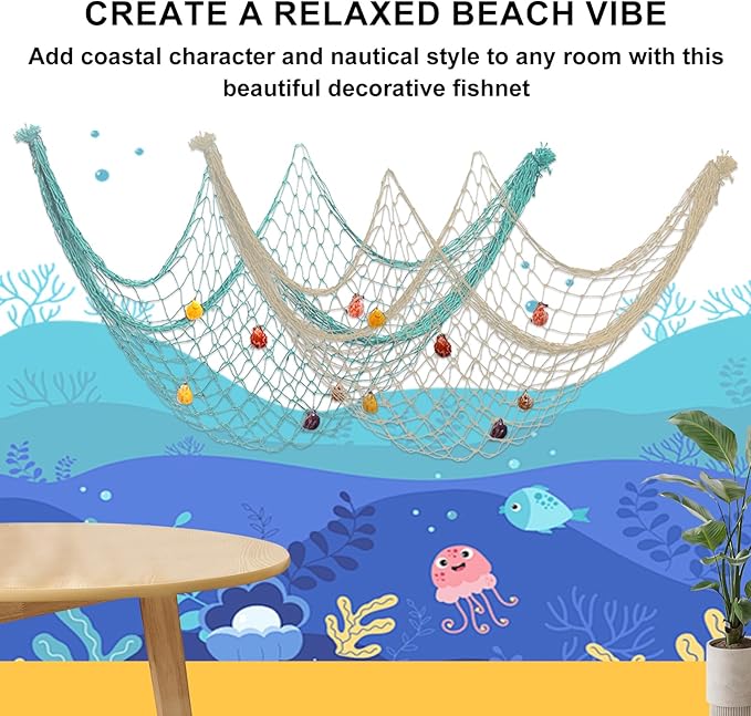 2 PCS Fish Net Decorations with Shells 80 x 40 Inch Ocean Themed Party Decor Beach Nautical Wall Hanging Fishing Net for Coastal Bedroom Bathroom or Under The Sea Party Decorations (Beige-with shells)
