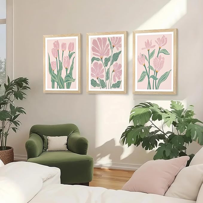 JLTULT 3 Pieces Pink Tulips Floral Wall Art, Boho Pink Green Botanical Wall Decor, Modern Abstract Flowers Paintings Art Prints for Living Room Bedroom Home Office12x16 inch Wood Framed Ready to Hang