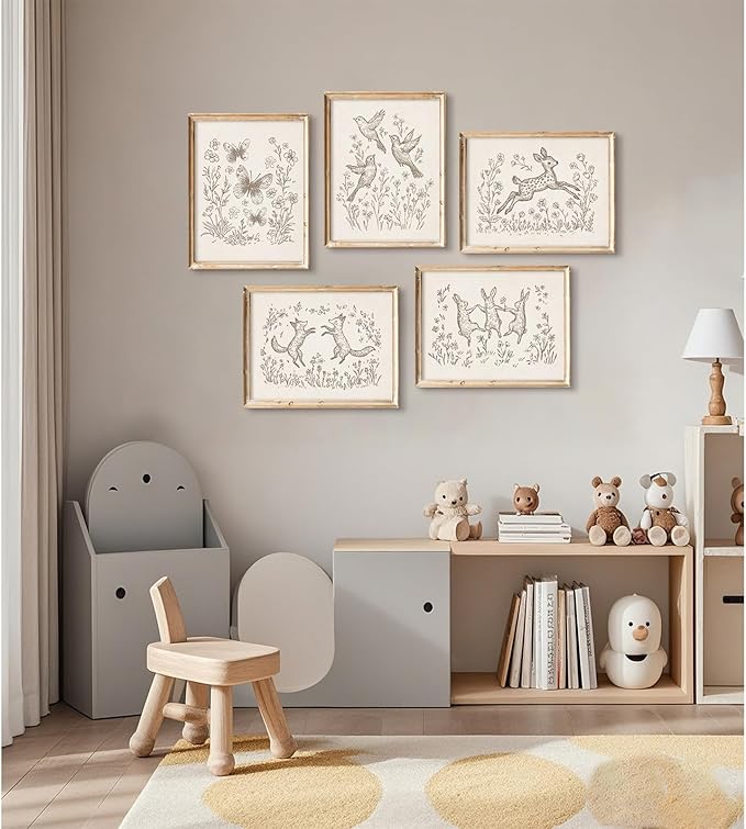 Nursery Woodland Animal Wall Art Baby Boy Canvas Wall Decor Vintage Forest Animal Art Prints Kids Room Poster Cottagecore Deer Fox Pictures Painting Neutral Artwork for Bedroom 8x10x5 Inch Unframed