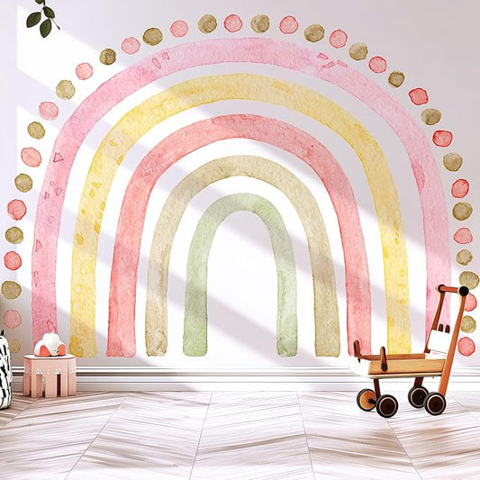 Large Pink Rainbow Wall Decals, Boho Dots Peel and Stick Fabric Nursery Wall Decor, Removable Home Room Wall Decor Murals Stickers for Kids Girls Toddler Bedroom Living Room Playroom