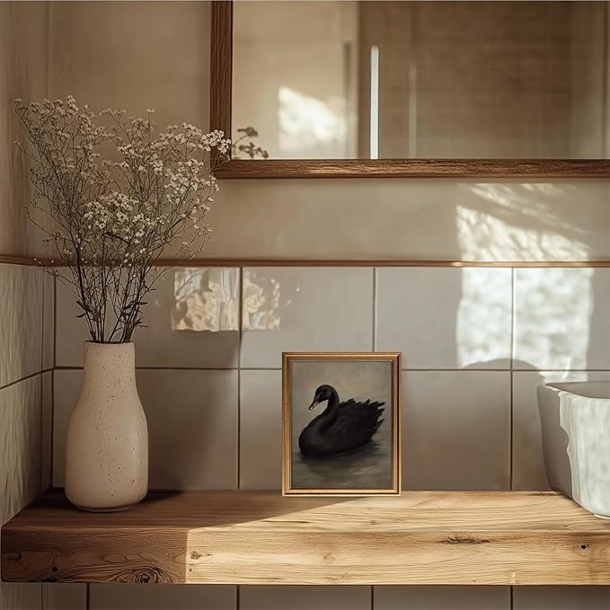 Aroutde Framed Black Swan Canvas Wall Art, Vintage Gold Frame Swan Printing, Rustic Farmhouse Animal Picture for Living Room Bedroom Bathroom Decor (10L x 8W, Framed)
