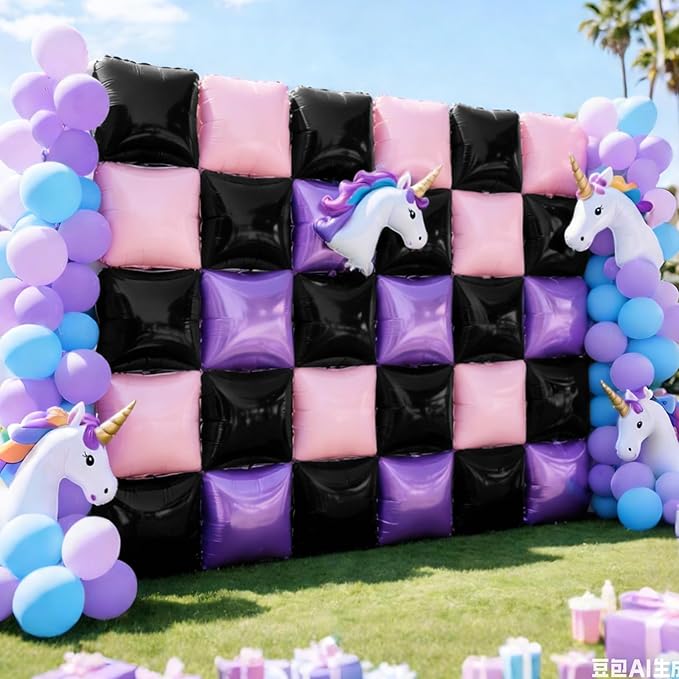 NISOCY 25PCS Purple Pink Black Square Foil Balloons Wall Backdrop Double Sided Black Pink Balloon Arch Kit for Birthday Baby Bridal Shower Carnival Cocktail Girls Theme Party Decoration