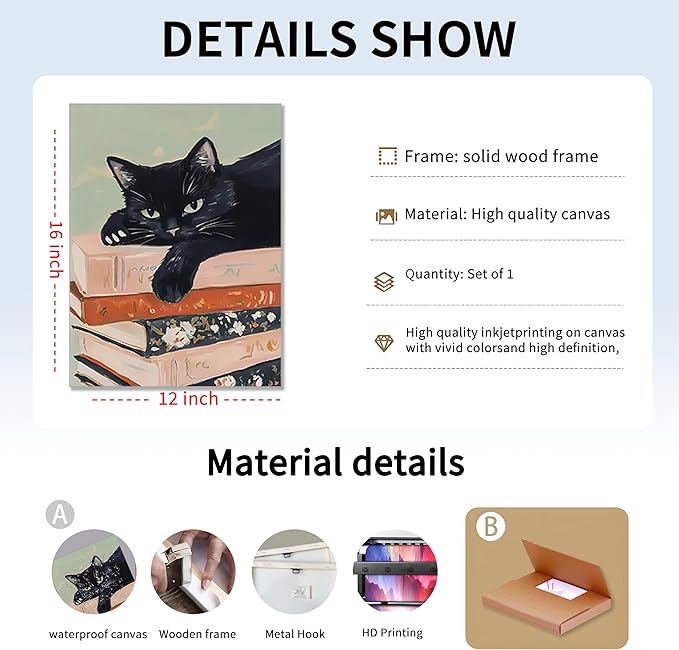 Framed Black Cat Canvas Wall Art, Funny Cat lying on a pile of books Painting, Abstract Animal Posters Prints Wall Decor for Living Room Bathroom Gallery Dining Room Decor 12x16 inch